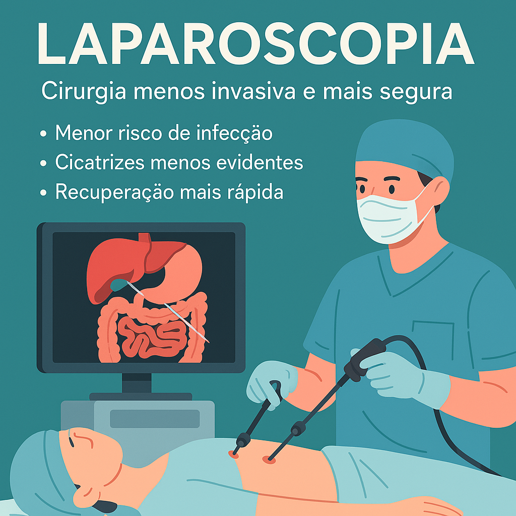 Infográfico ilustrando a laparoscopia, destacando suas vantagens como cirurgia menos invasiva e mais segura.